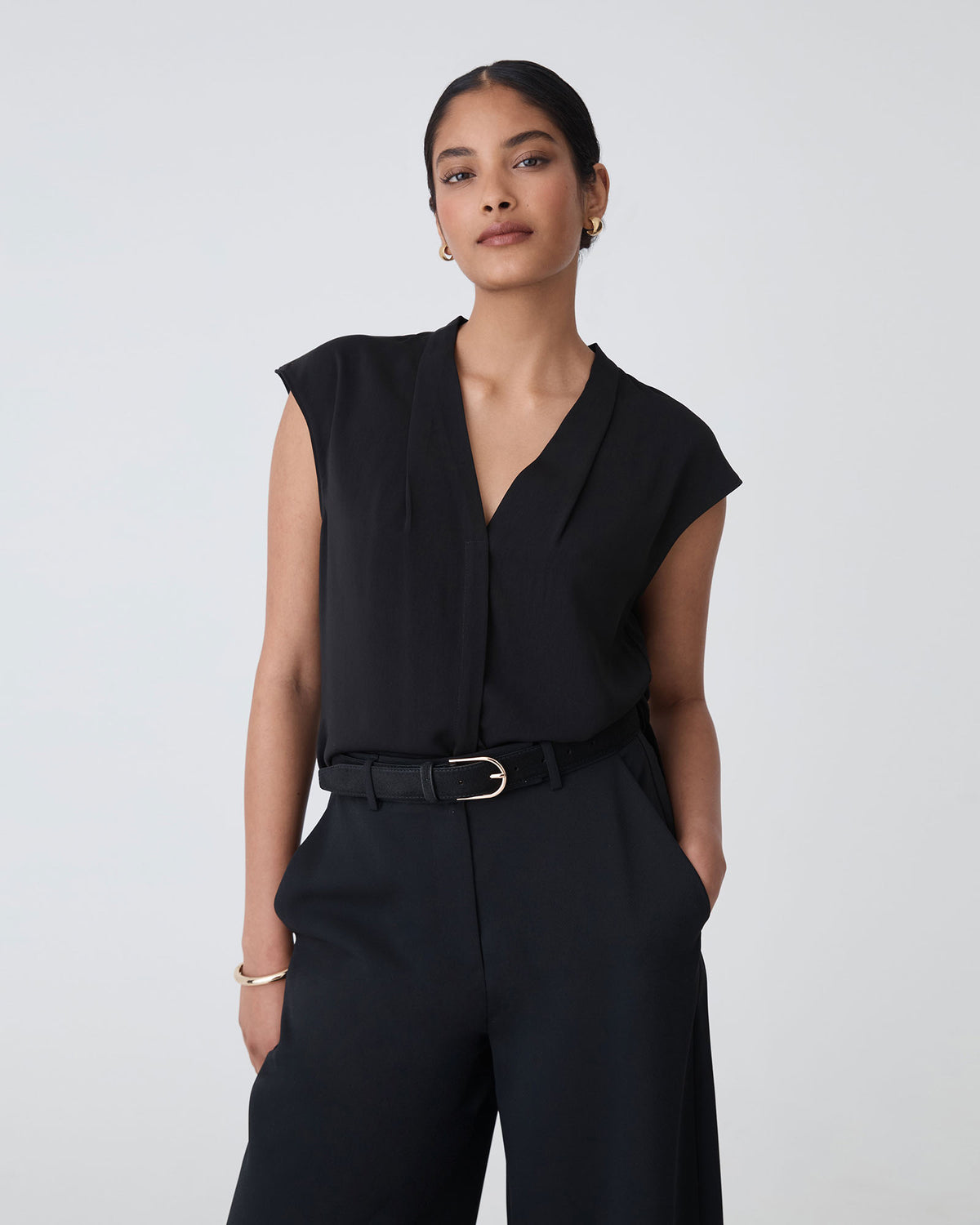 Adelaide V-Neck Cap Sleeve Top in black — close-up view