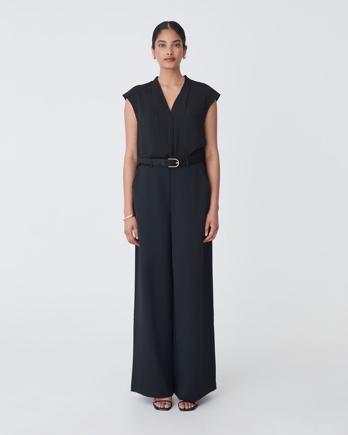 Adelaide V-Neck Cap Sleeve Top in black — full-length view