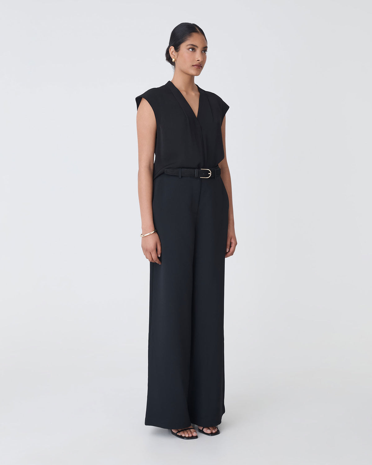 Adelaide V-Neck Cap Sleeve Top in black — side view
