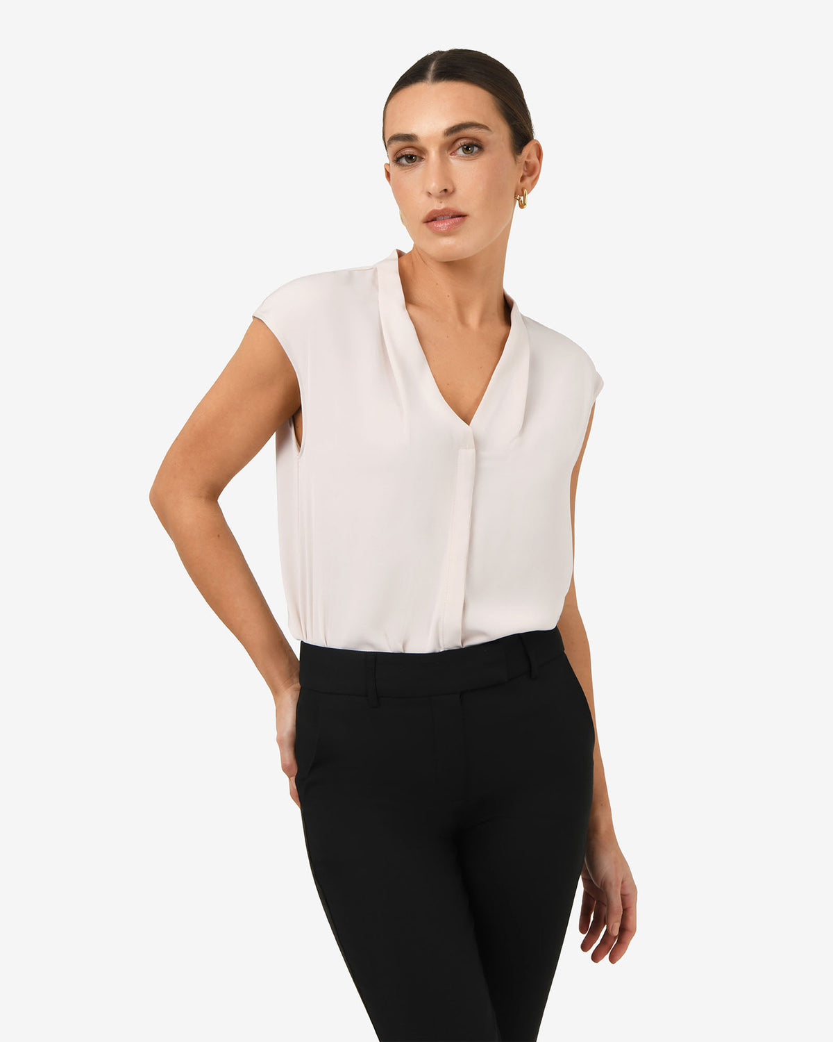 Adelaide V-Neck Cap Sleeve Top in ecru — close-up view