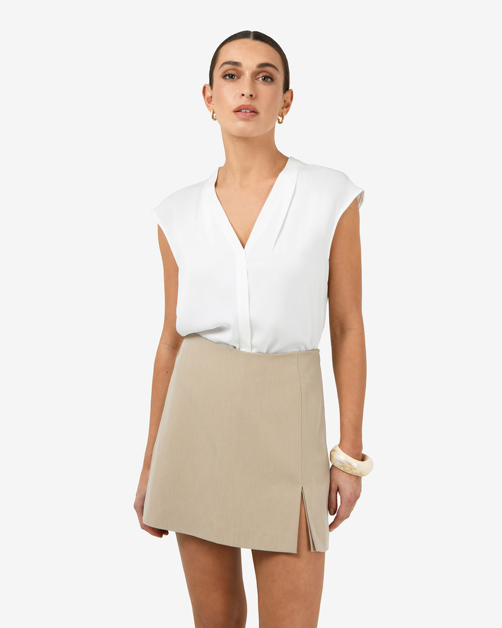 Adelaide V-Neck Cap Sleeve Top in ivory — close-up view