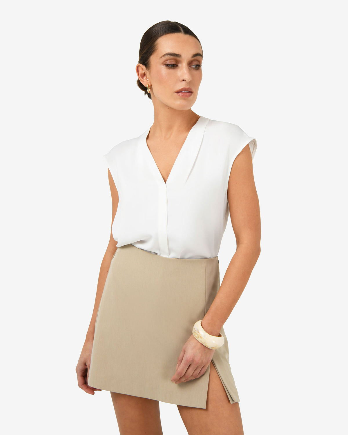 Adelaide V-Neck Cap Sleeve Top in ivory — close-up view 2