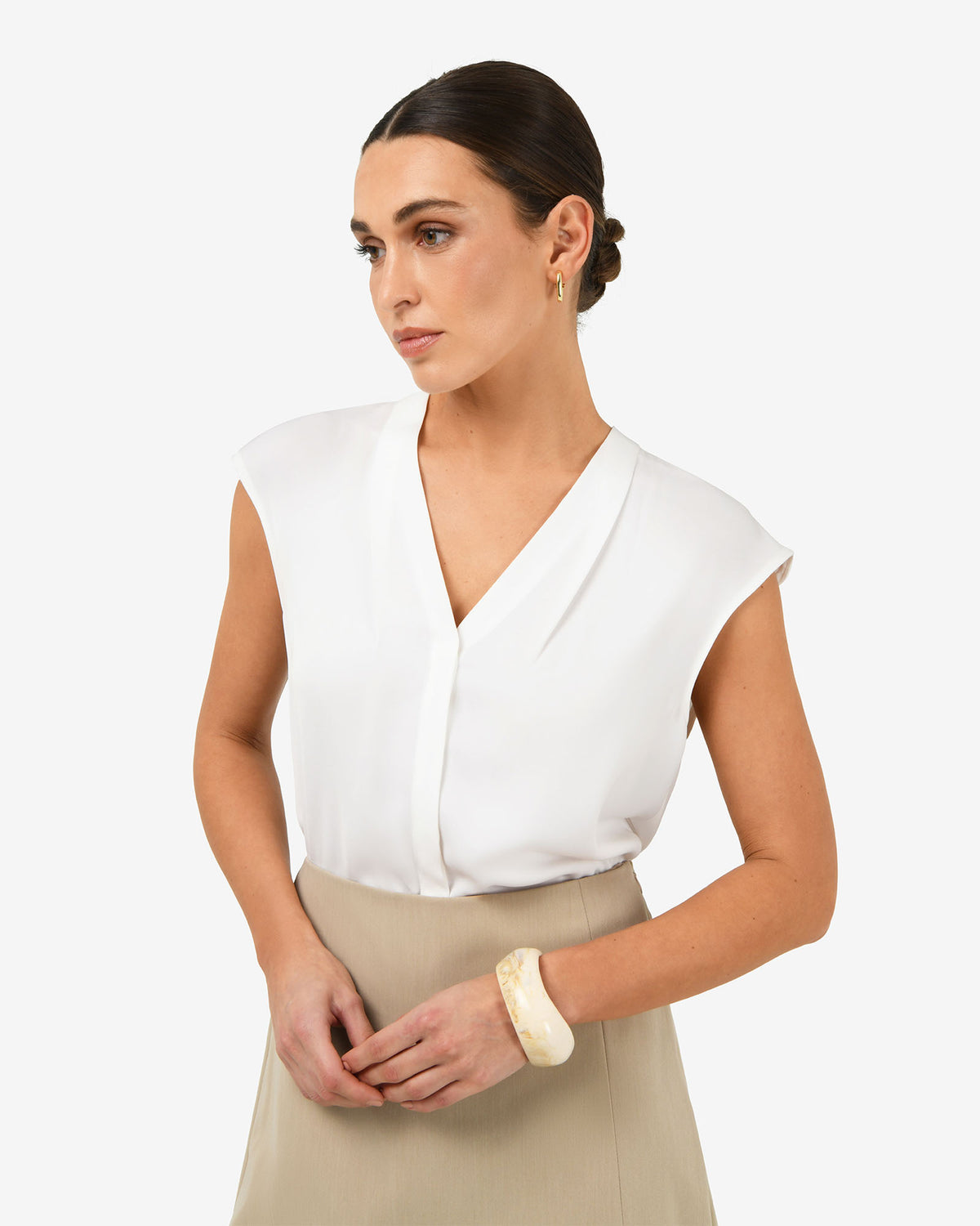 Adelaide V-Neck Cap Sleeve Top in ivory — side view