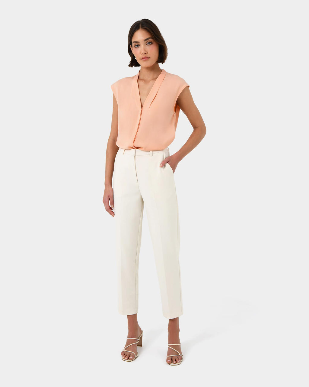 Adelaide V-Neck Cap Sleeve Top in light coral — full-length view