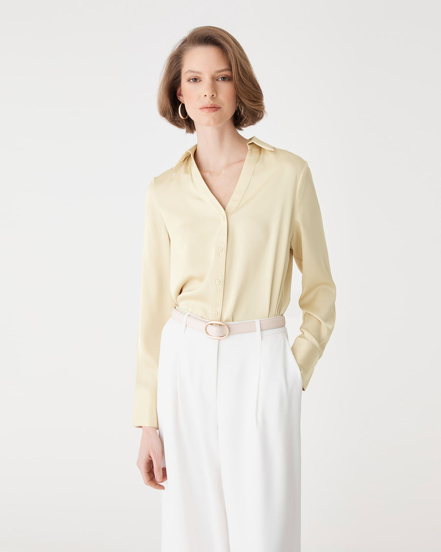 Lila V-Neck Satin Blouse in buttercup — close-up view