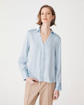Lila V-Neck Satin Blouse in powder blue — close-up view