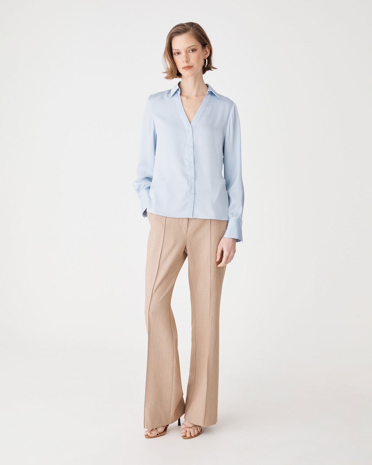 Lila V-Neck Satin Blouse in powder blue — full-length view