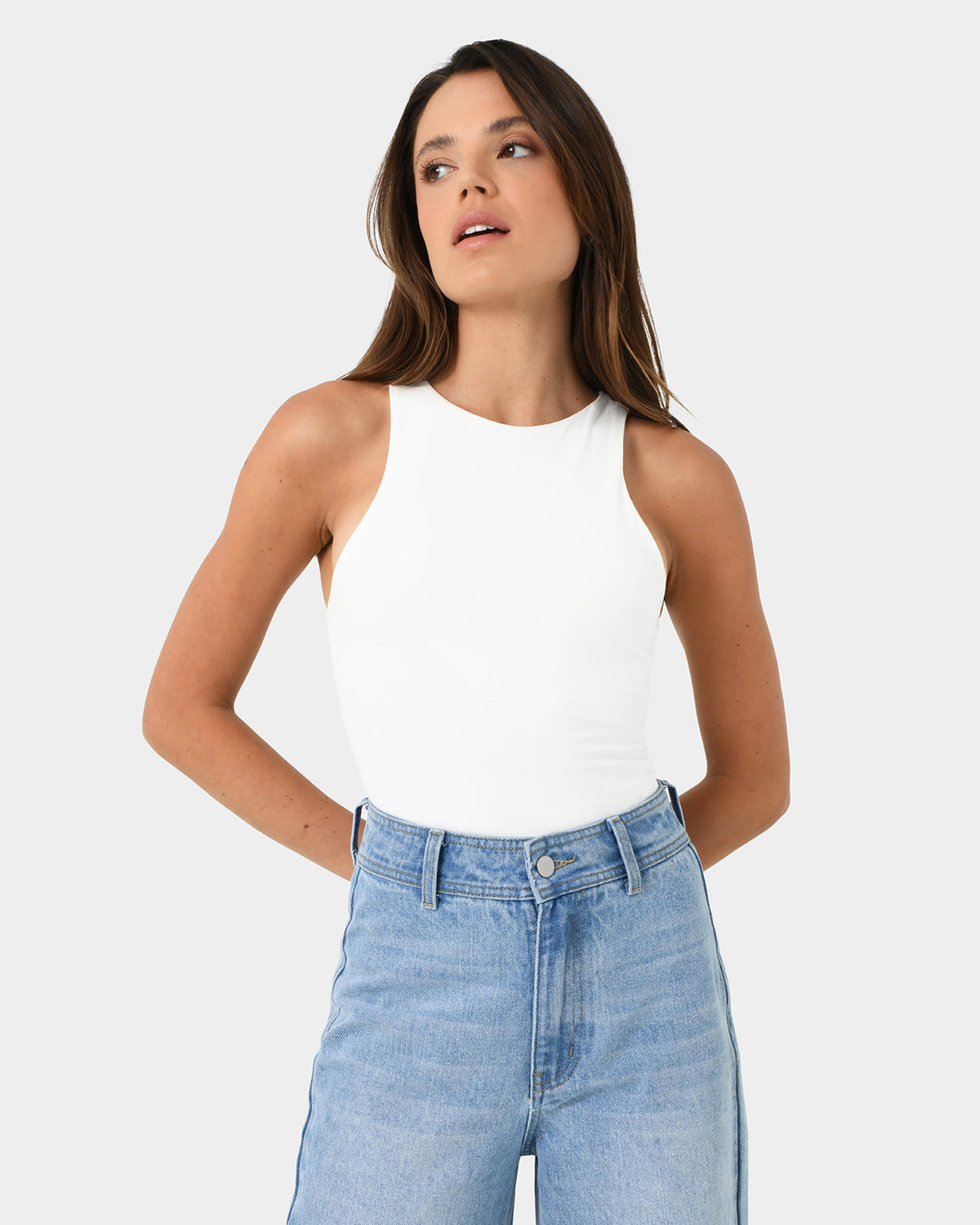 Ollie Sleeveless Bodysuit in ivory — close-up view
