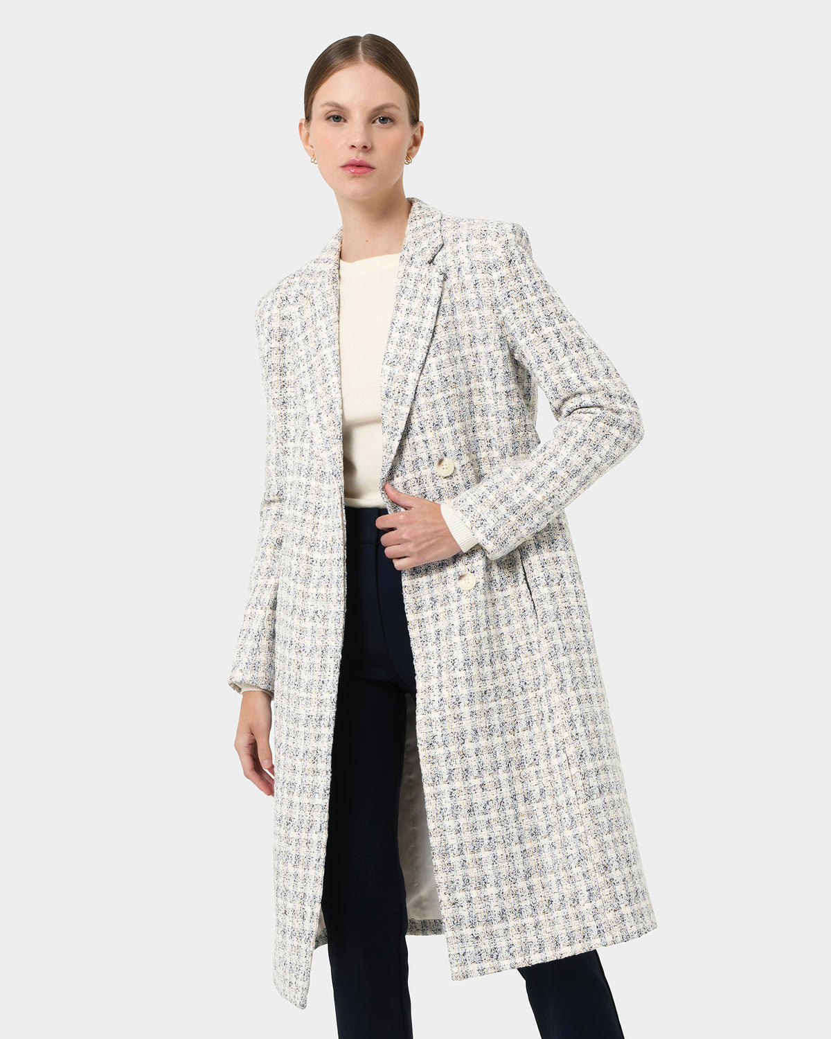 Amal Tweed Coat in multi — close-up view