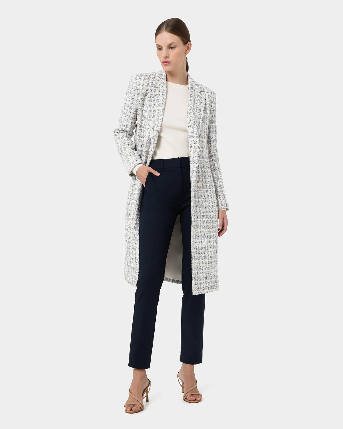 Amal Tweed Coat in multi — full-length view