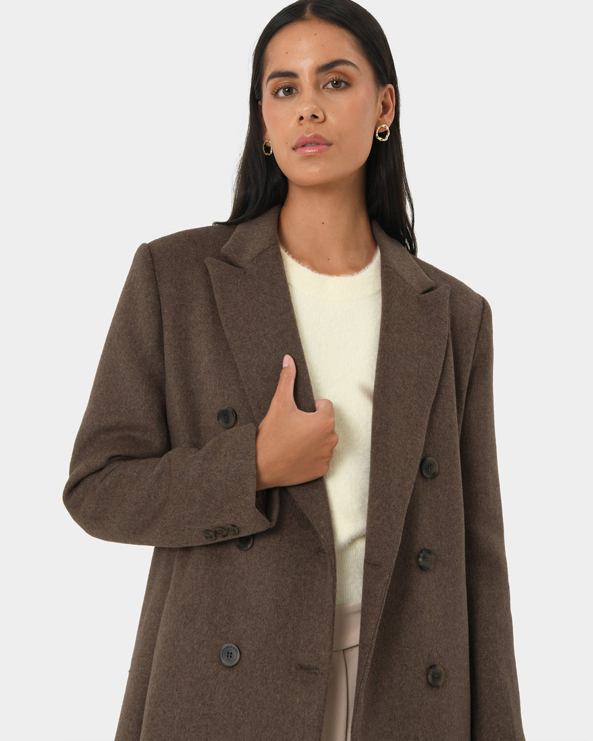 Marjorie Double Breasted Coat in taupe — close-up view
