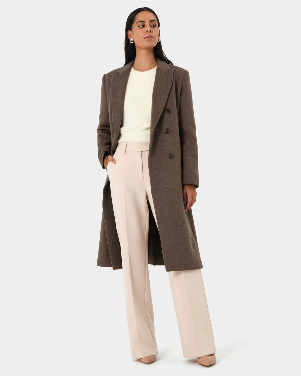 Marjorie Double Breasted Coat in taupe — full-length view