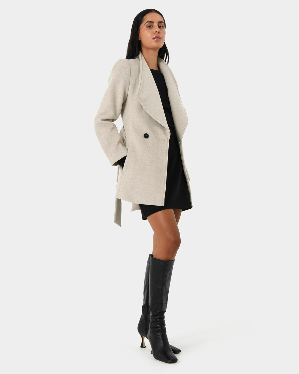 Aileen Double Breast Wrap Coat in oatmeal — full-length view