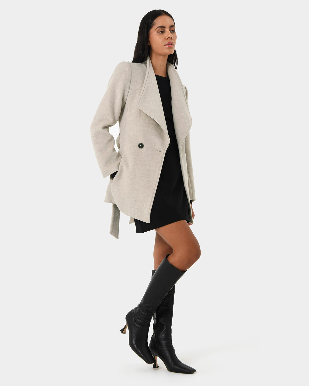 Aileen Double Breast Wrap Coat in oatmeal — side view