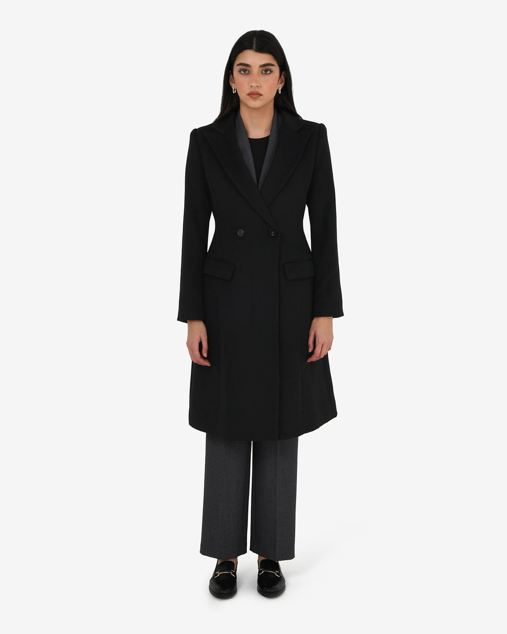 Skylar Hourglass Coat in black — full-length view