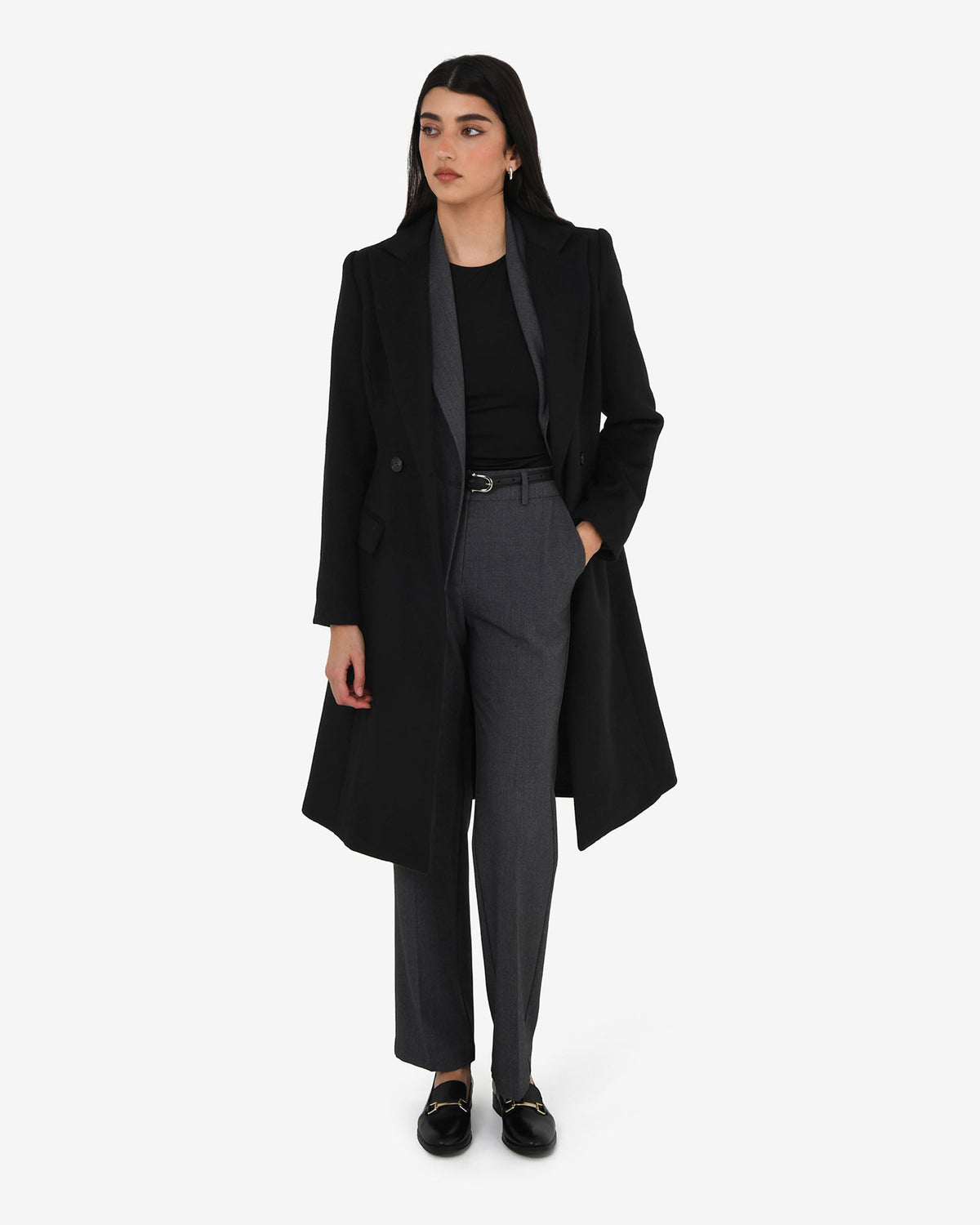 Skylar Hourglass Coat in black — full-length view 2