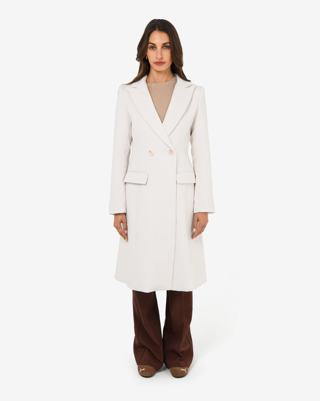 Skylar Hourglass Coat in cream — full-length view 2