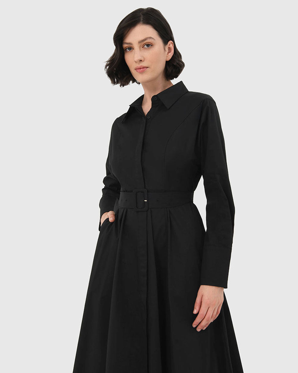 Mazie Cotton Shirt Dress in black — close-up view