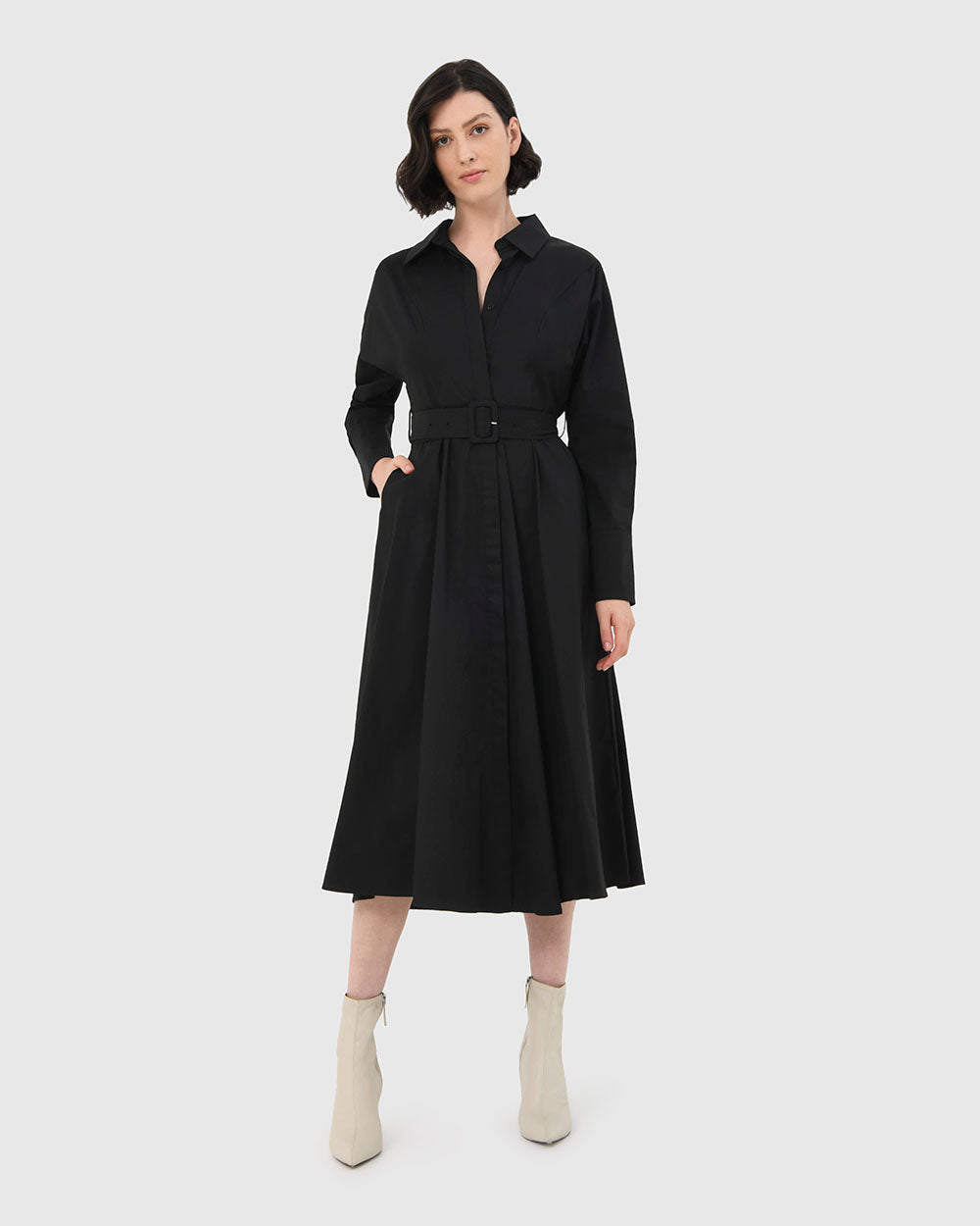 Mazie Cotton Shirt Dress in black — full-length view