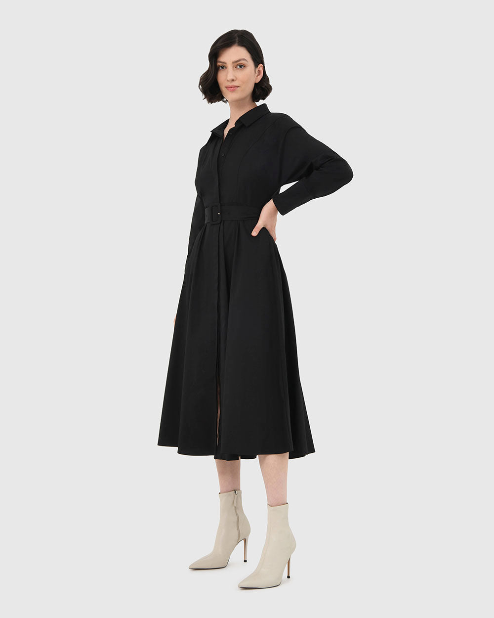 Mazie Cotton Shirt Dress in black — side view 2