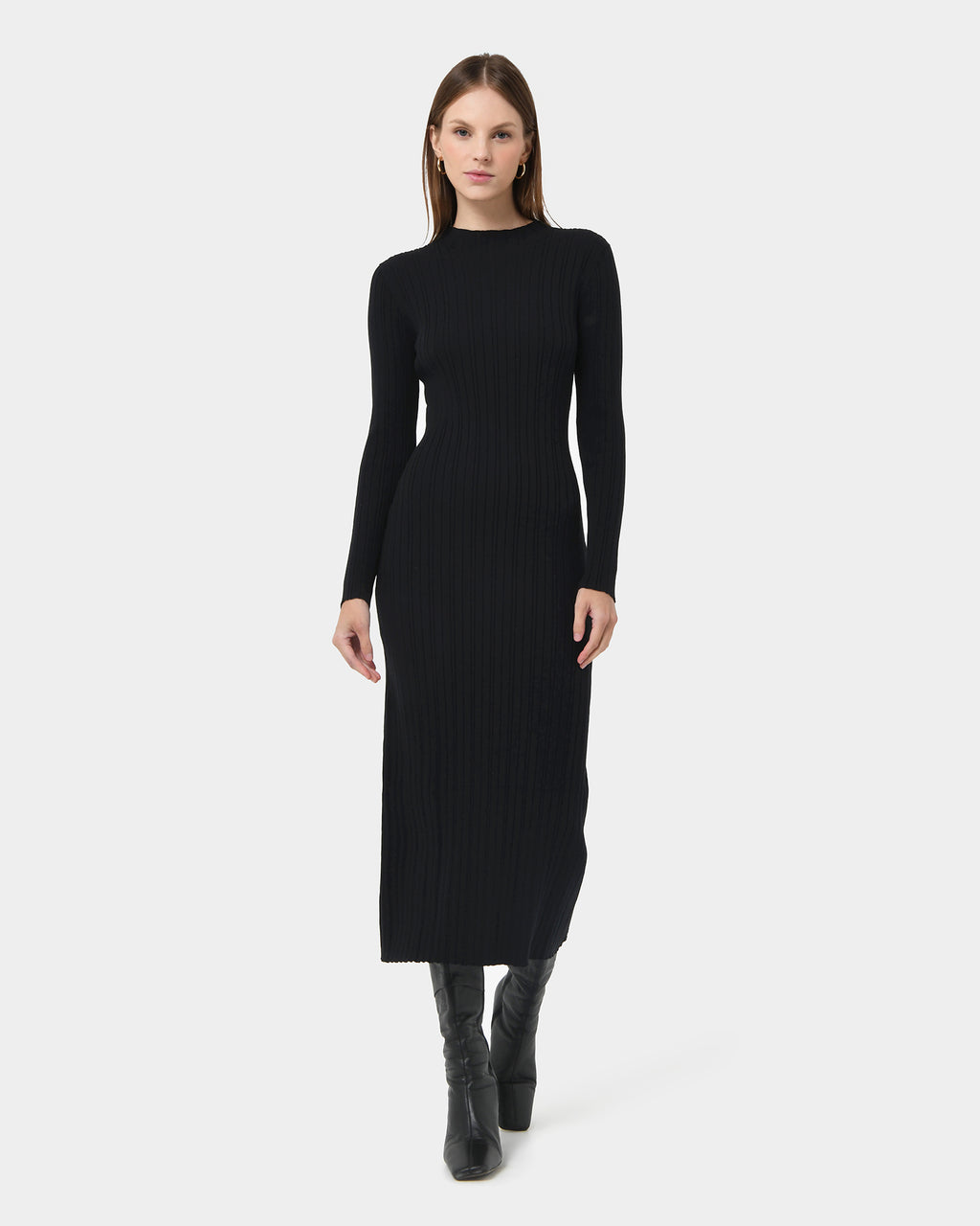 Diana Long Sleeve Knit Dress in black — full-length view