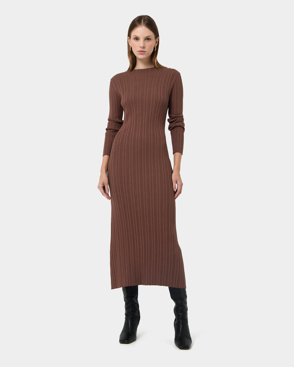 Diana Long Sleeve Knit Dress in mocha — full-length view