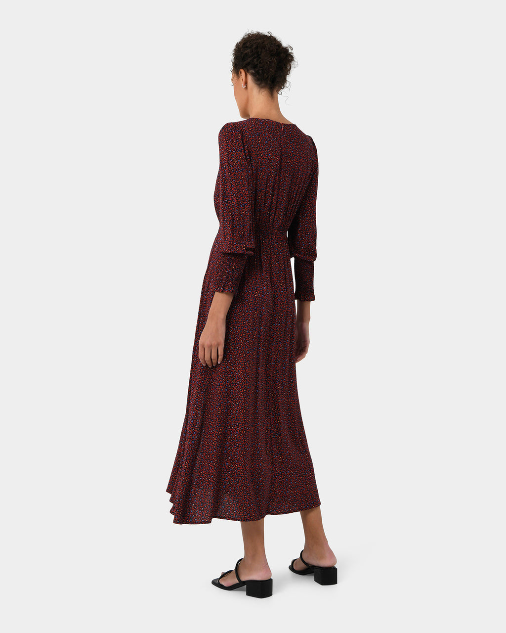 Lilah Animal Print Dress in deep red — back view