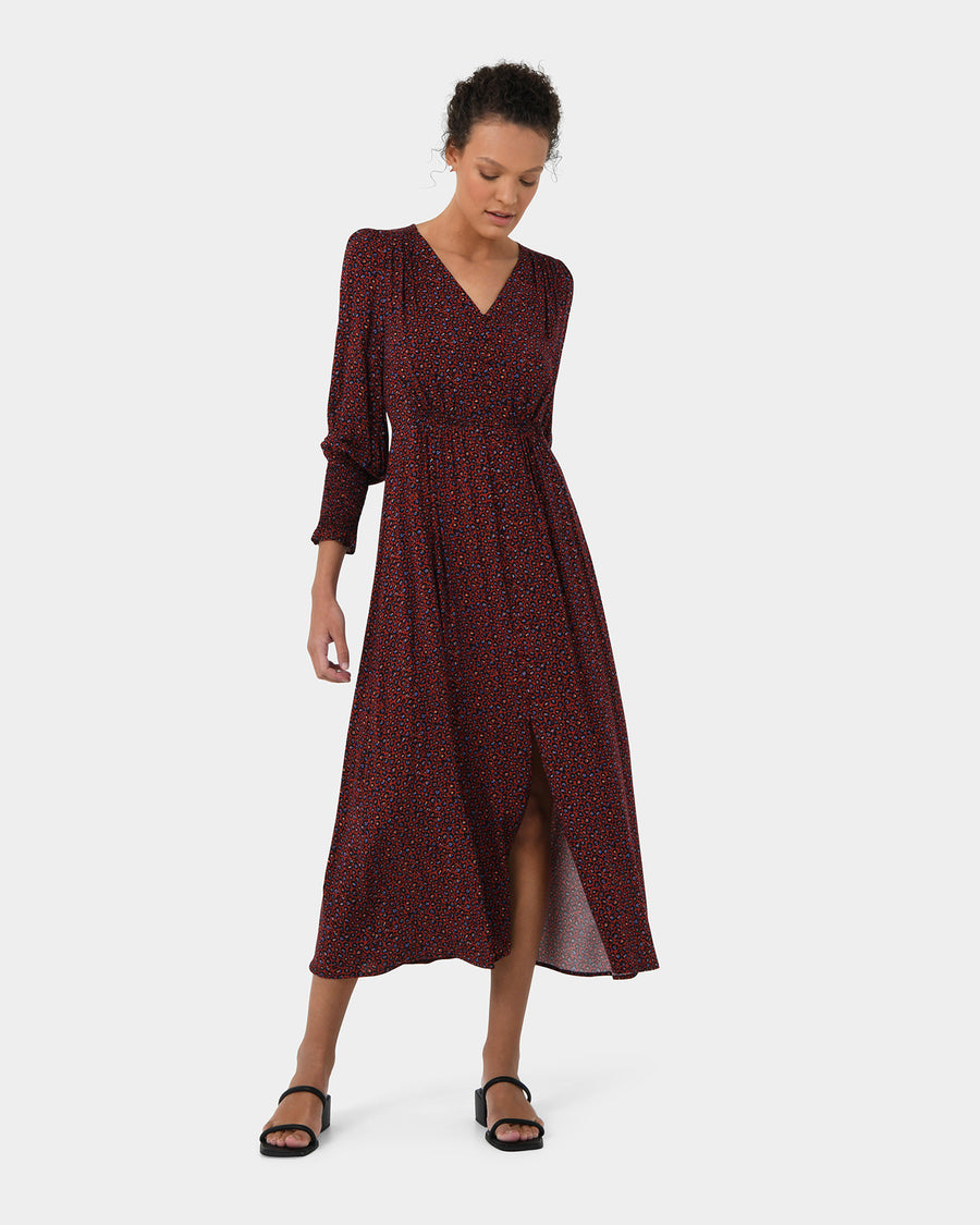 Lilah Animal Print Dress in deep red — full-length view