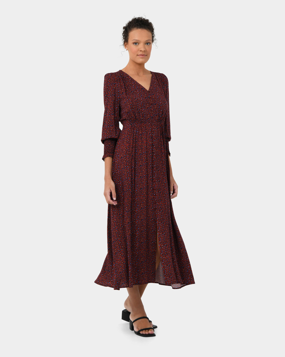 Lilah Animal Print Dress in deep red — side view