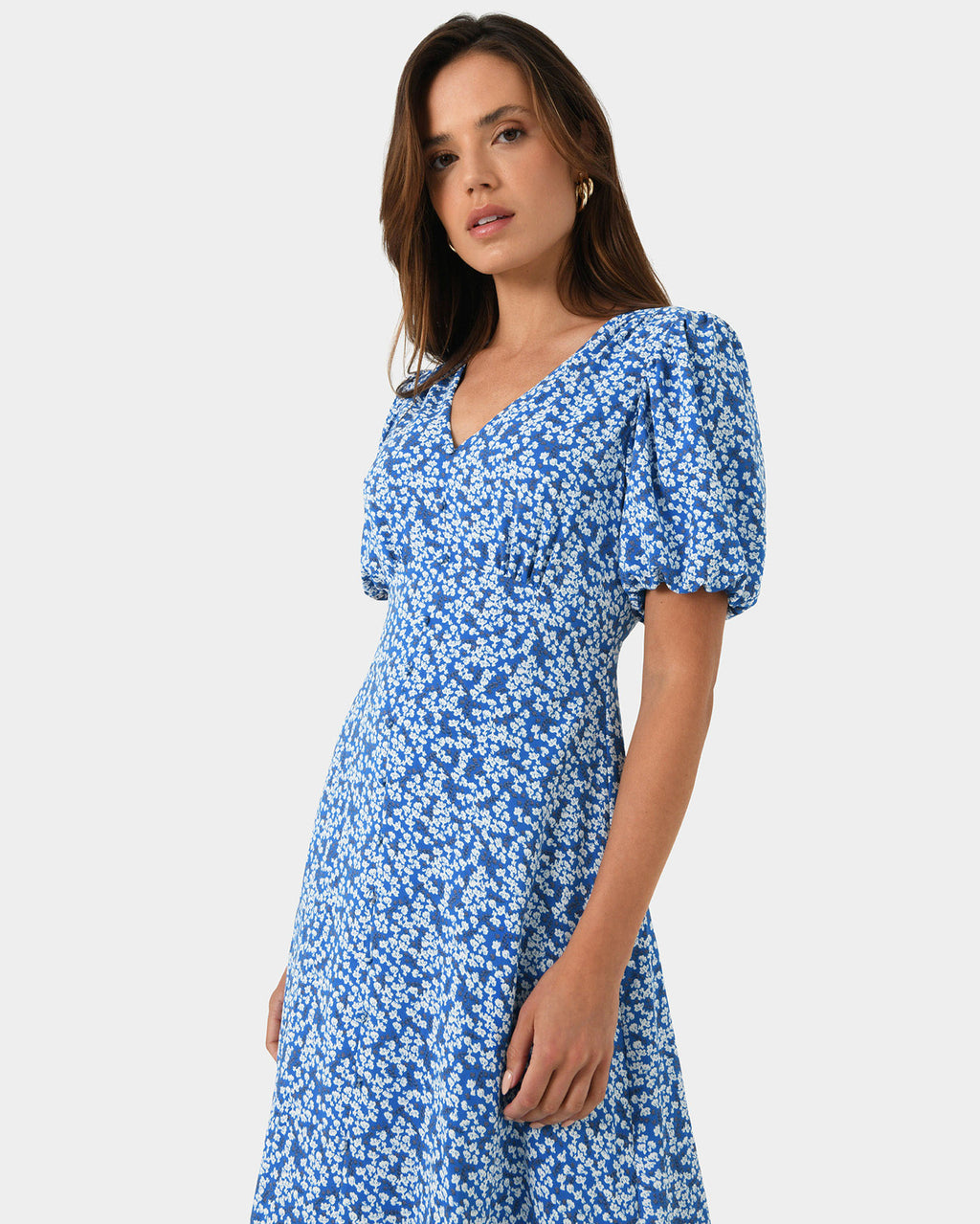 Cora Floral Dress in blue — close-up view