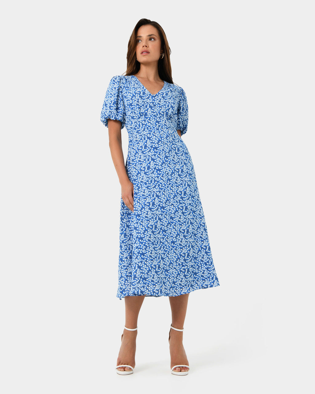 Cora Floral Dress in blue — full-length view