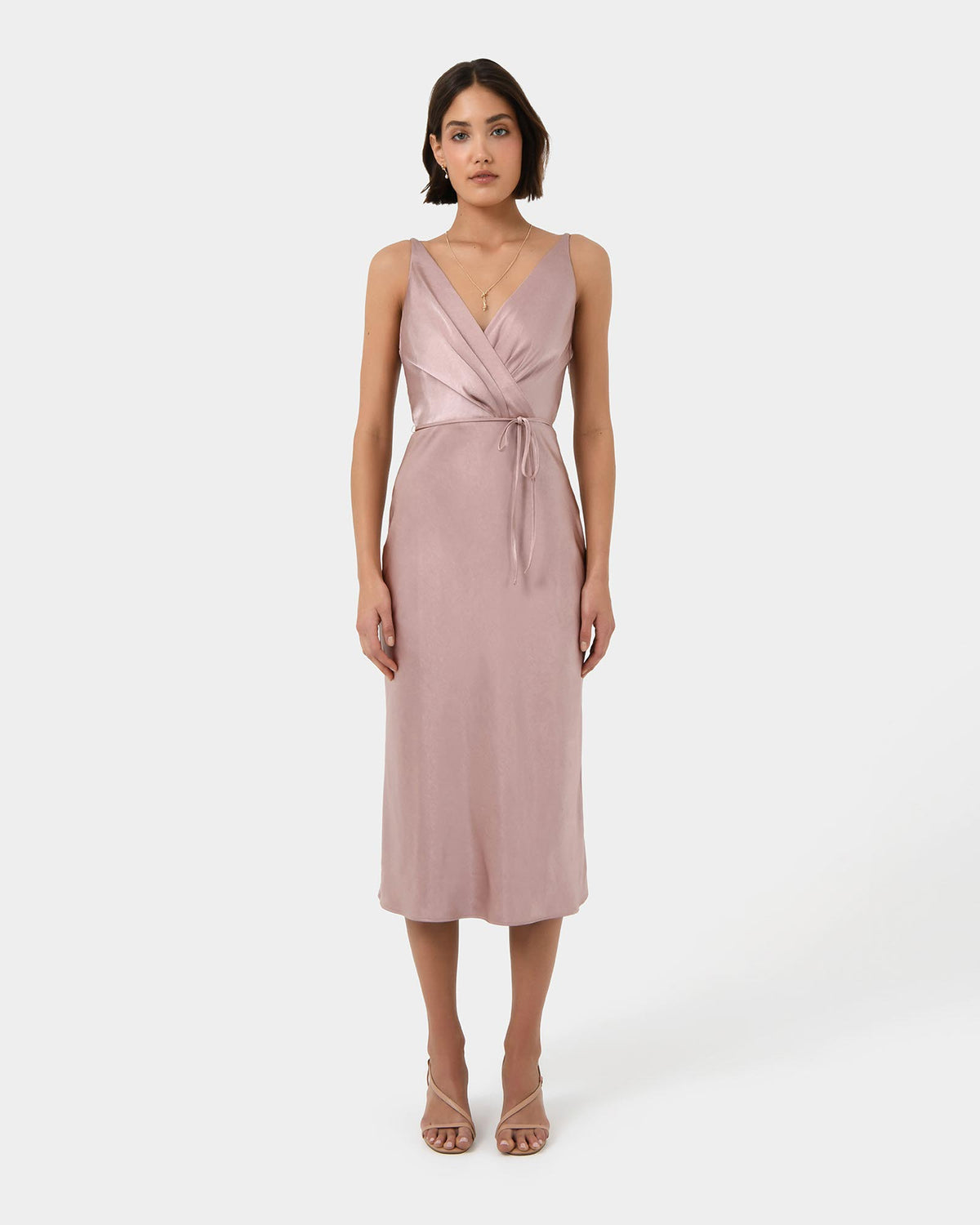 Cherish Tie-Waist Midi Dress in mauve — full-length view