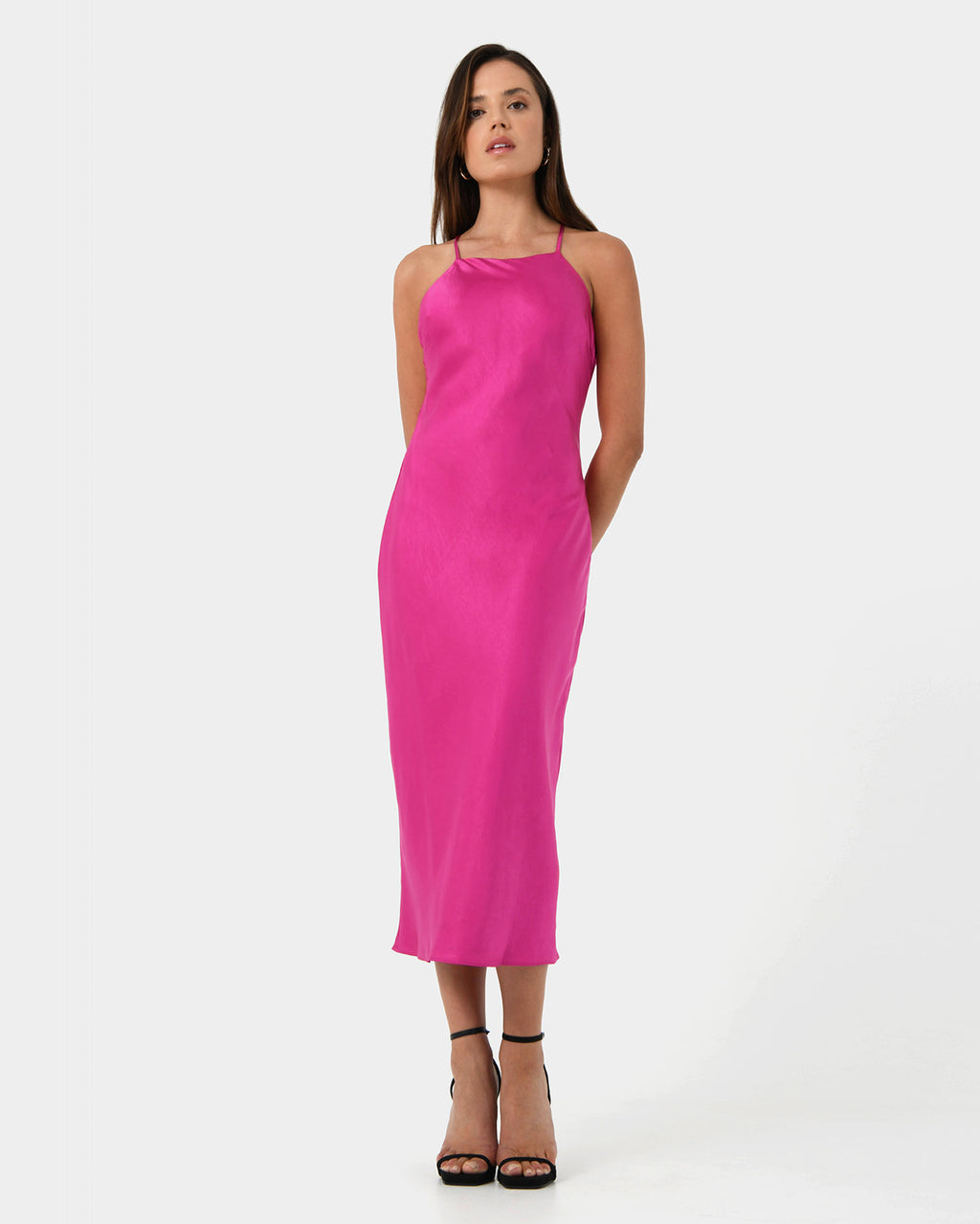 Samaya Satin Midi Dress in hot pink — full-length view
