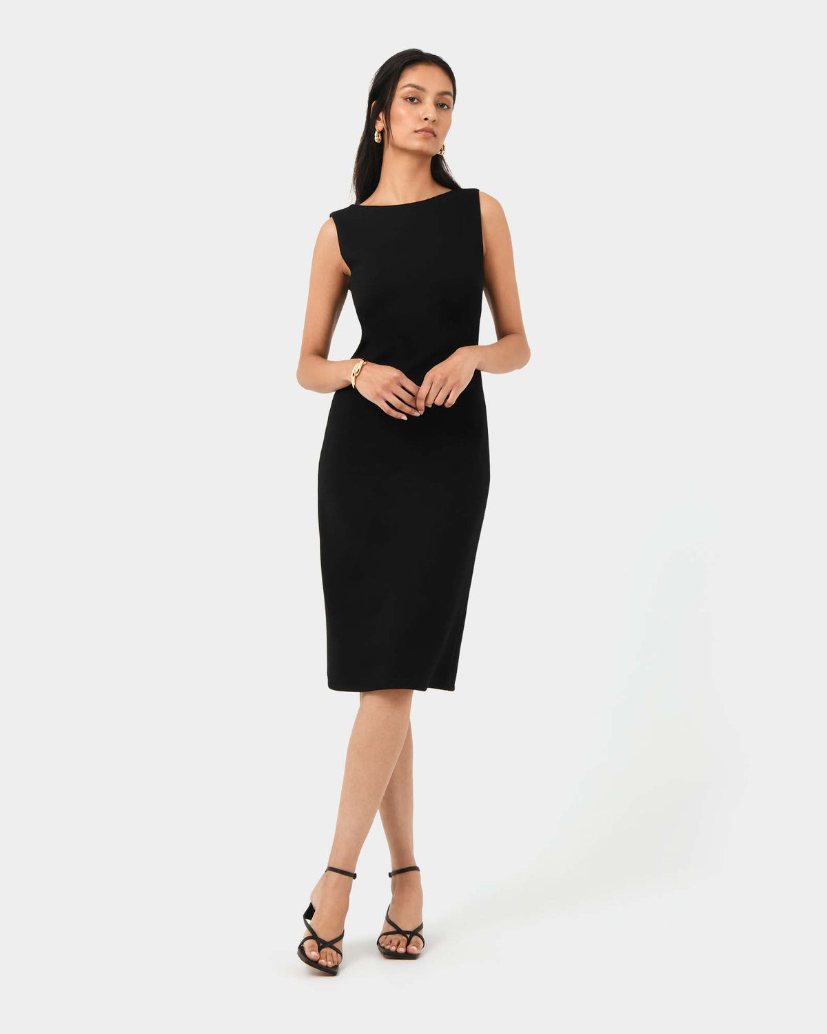 Juno Ponte Fitted Dress in black — full-length view