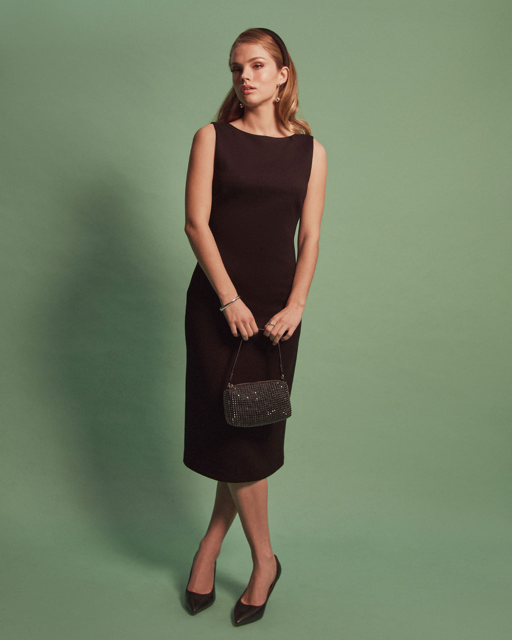 Juno Ponte Fitted Dress in black — full-length view 2