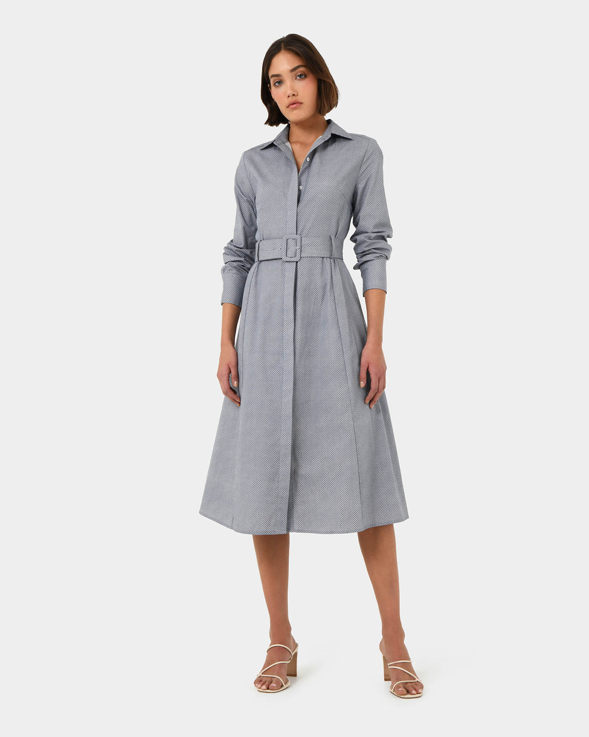 Porto Printed Shirt Dress in navy ivory — full-length view