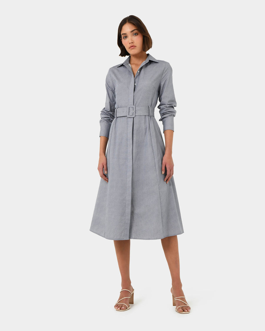 Porto Printed Shirt Dress in navy ivory — full-length view