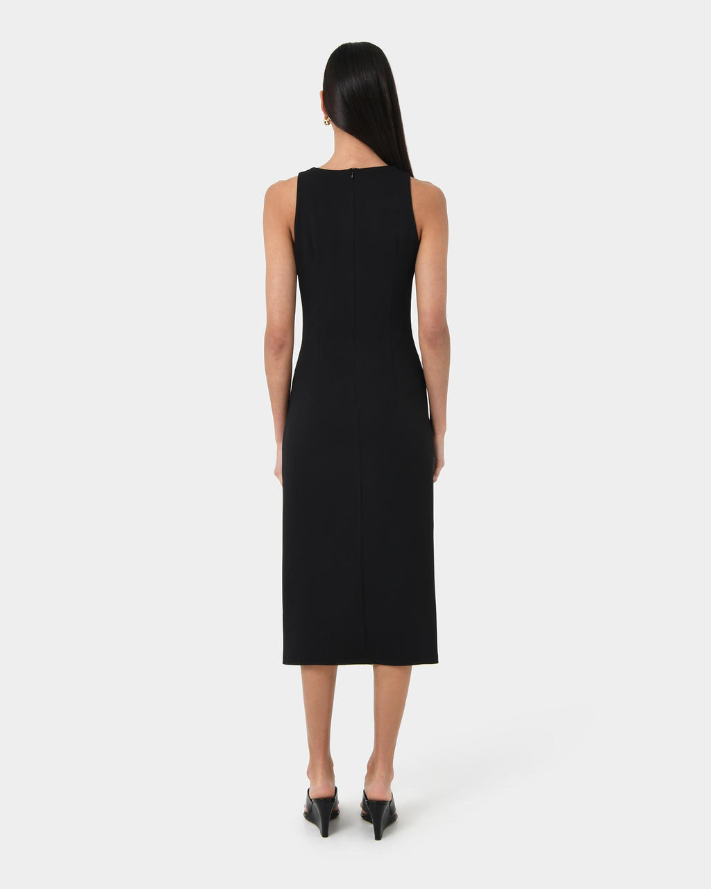 Leah Side Ruched Midi Dress in black — back view