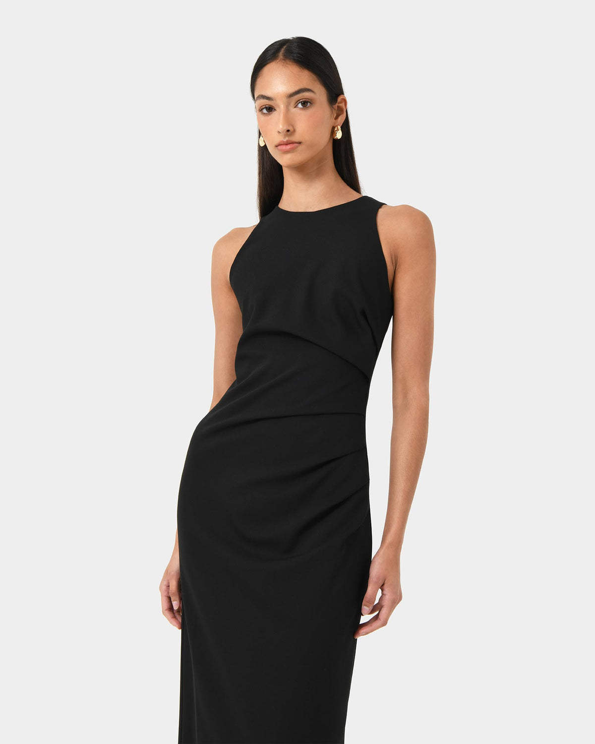 Leah Side Ruched Midi Dress in black — close-up view