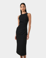 Leah Side Ruched Midi Dress in black — full-length view