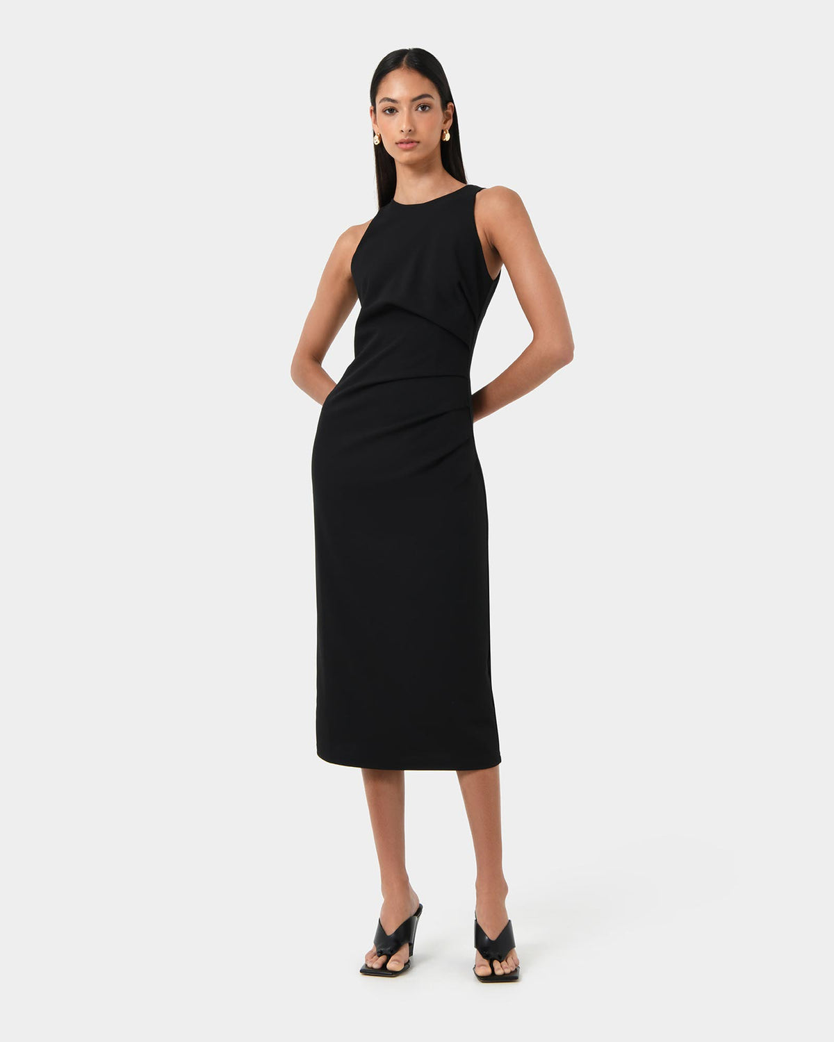 Leah Side Ruched Midi Dress in black — full-length view 2