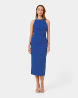 Leah Side Ruched Midi Dress in monaco blue — full-length view
