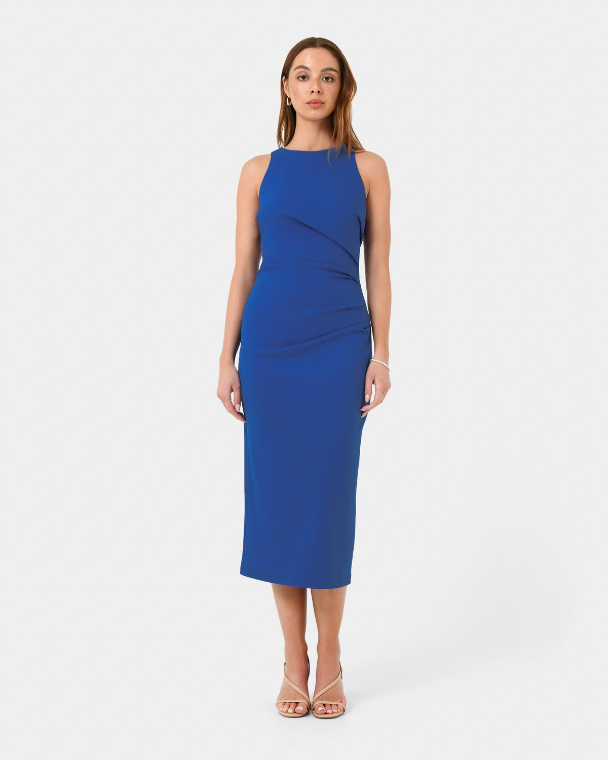 Leah Side Ruched Midi Dress in monaco blue — full-length view