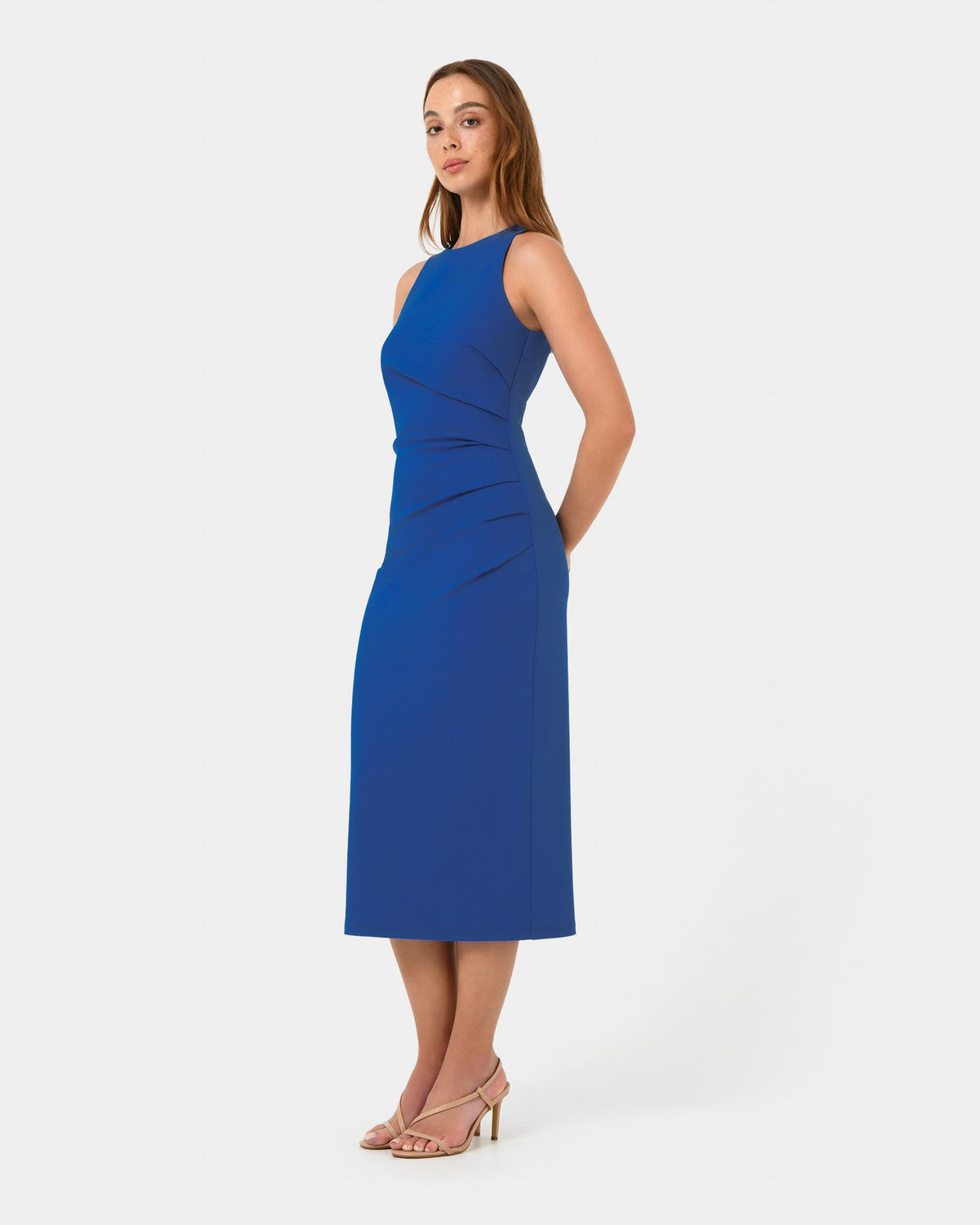Leah Side Ruched Midi Dress in monaco blue — side view