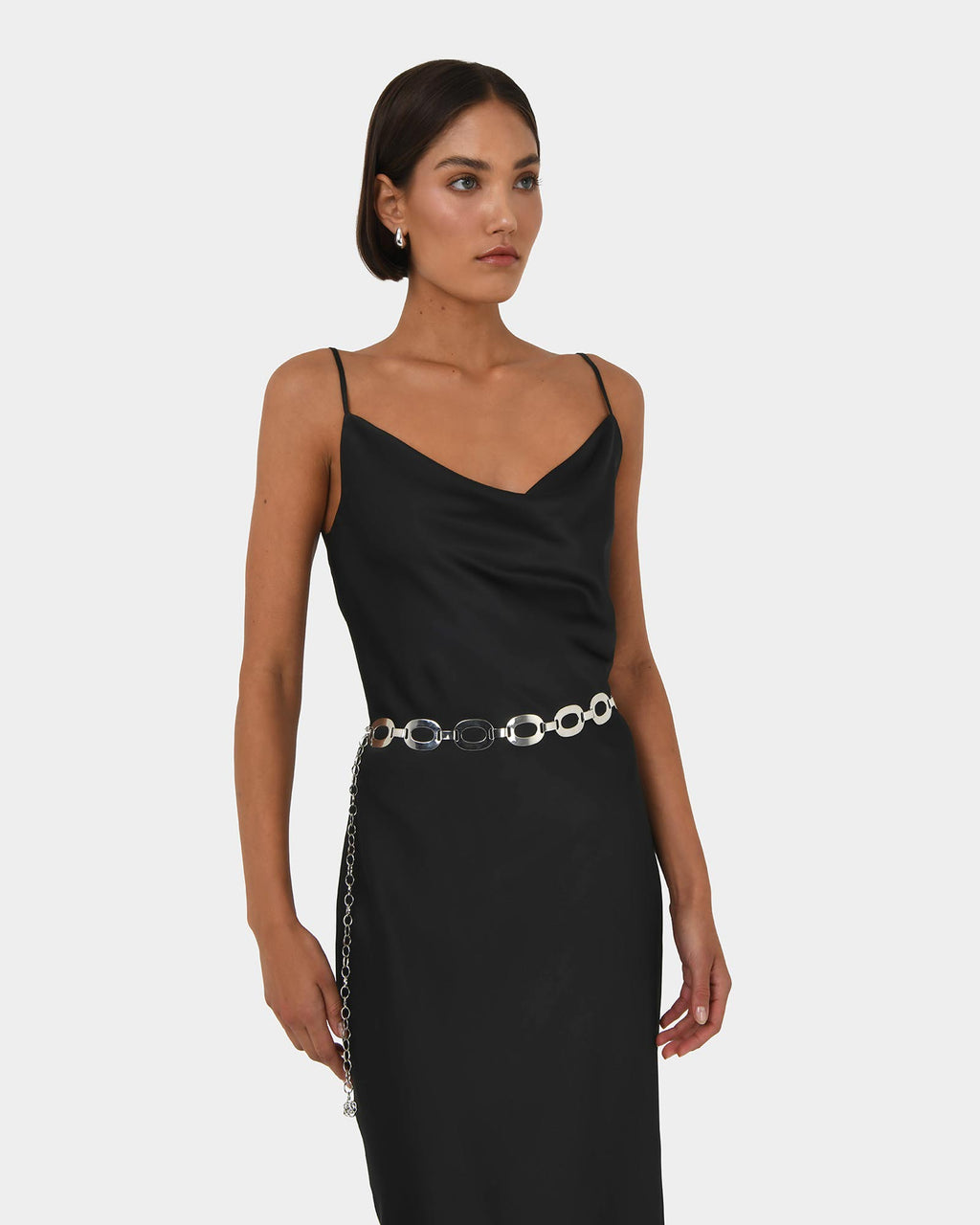 Joy Satin Cowl Neck Dress in black — close-up view