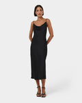 Joy Satin Cowl Neck Dress in black — full-length view