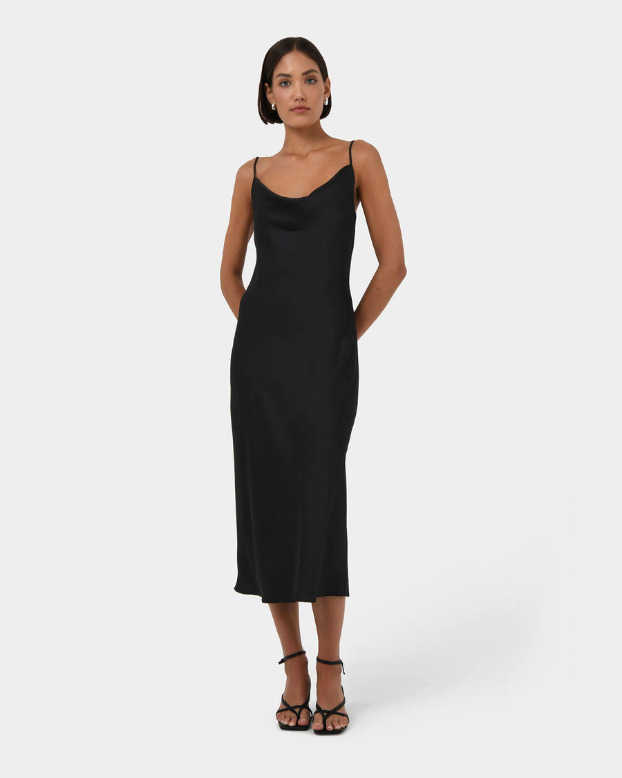Joy Satin Cowl Neck Dress in black — full-length view