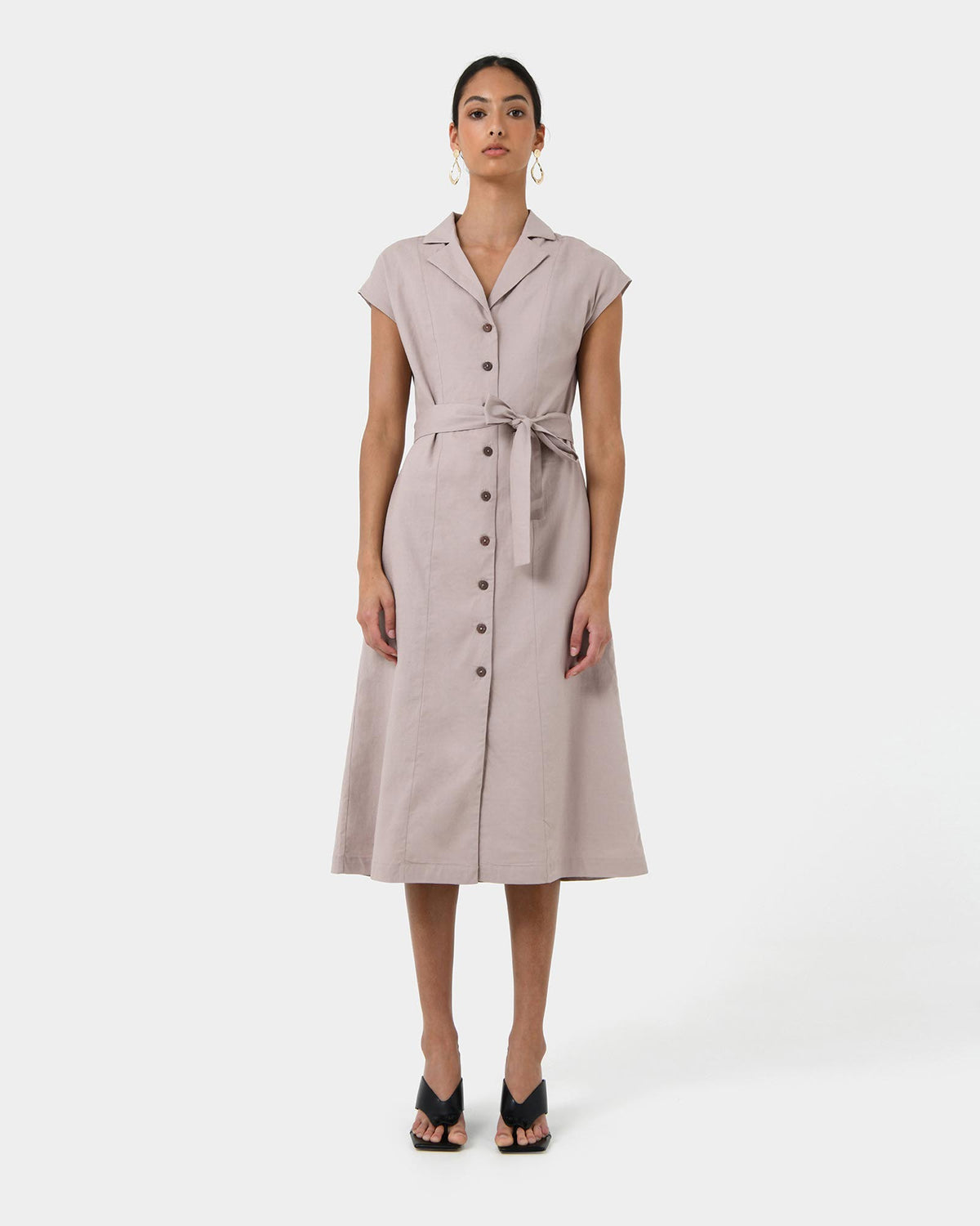 Kade V-neck Linen Dress in light taupe — full-length view