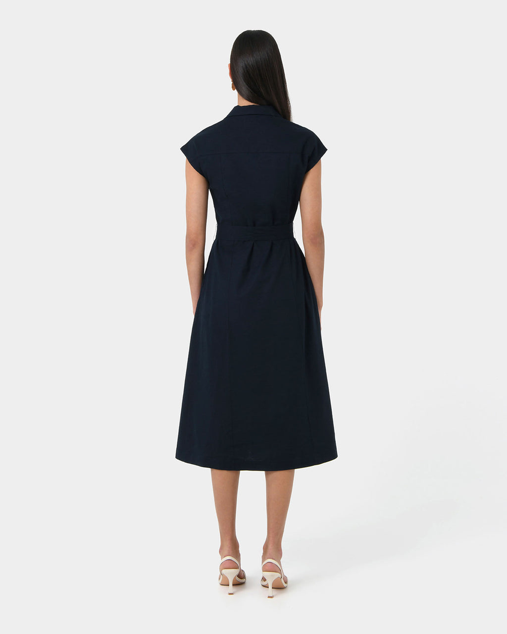 Kade V-neck Linen Dress in navy — back view