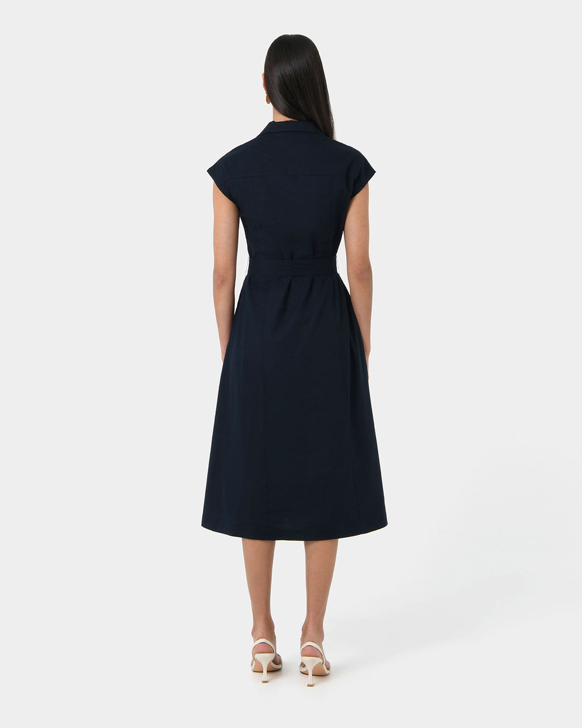 Kade V-neck Linen Dress in navy — back view